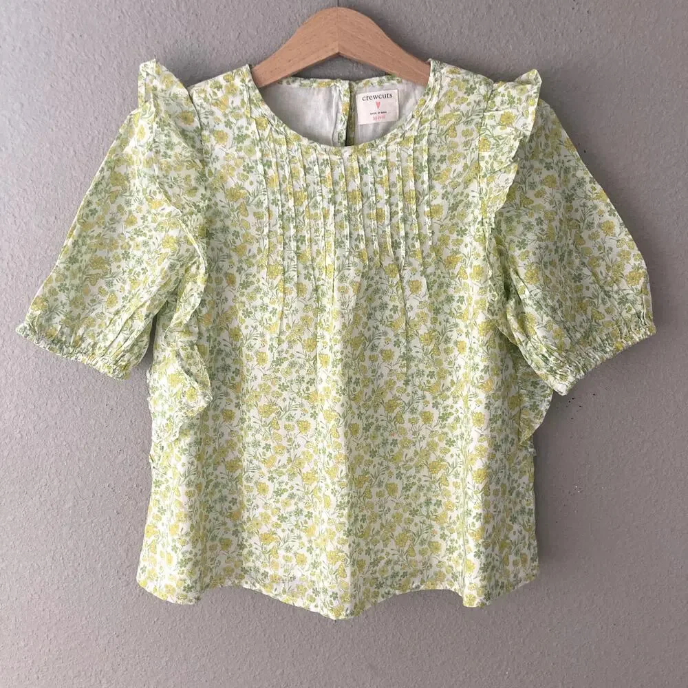 Crewcuts Floral Puff Sleeve Ruffle Top - Yellow - Medium 8/9